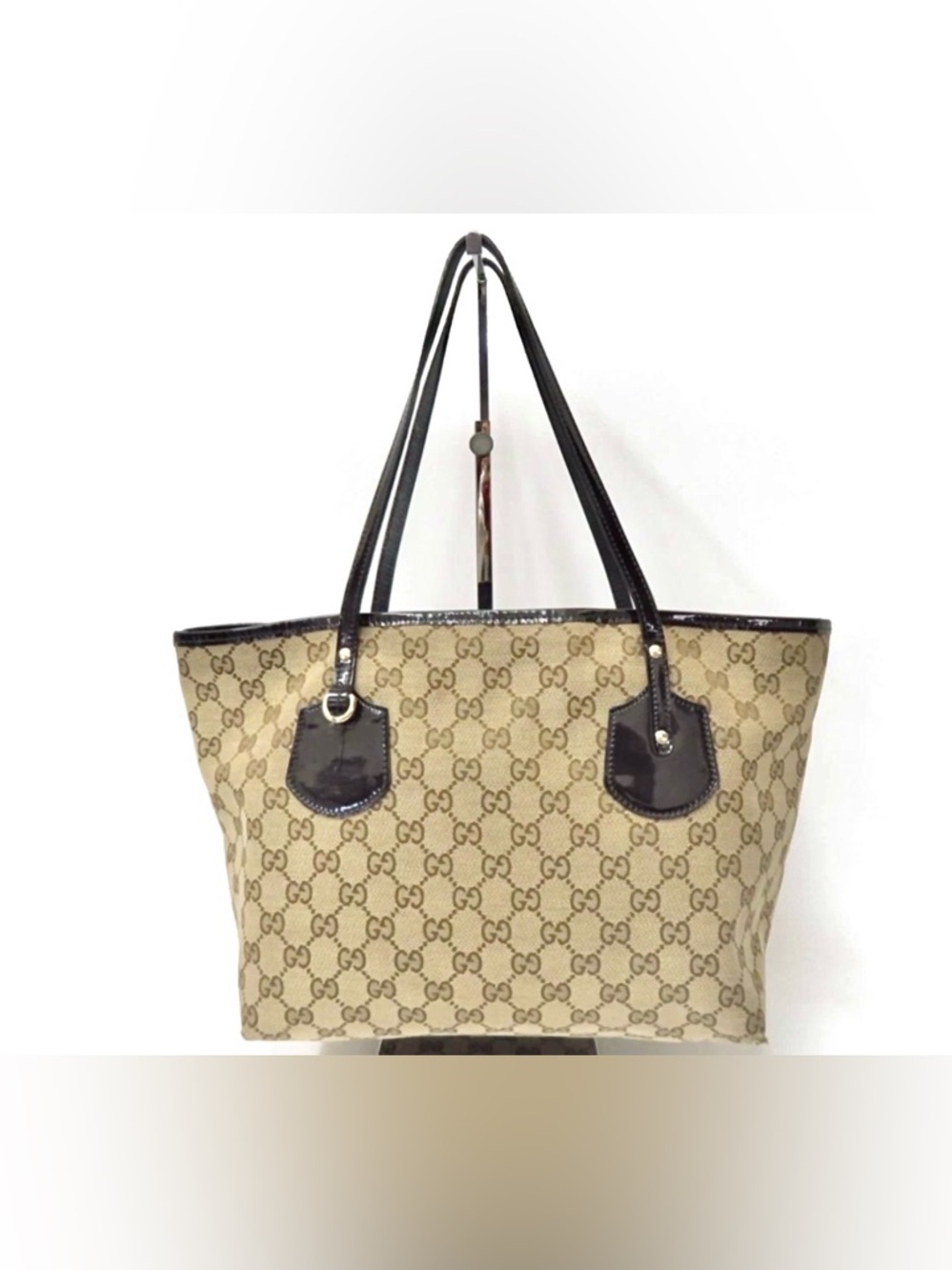 Gucci Beige GG Monogram Canvas Patent Leather Tote Bag - Picture 2 of 16